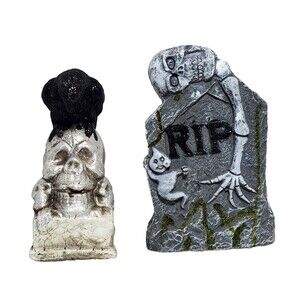 Halloween Stone Decor Lot - Skull w/ Raven & Skeleton Headstone Gothic Spooky